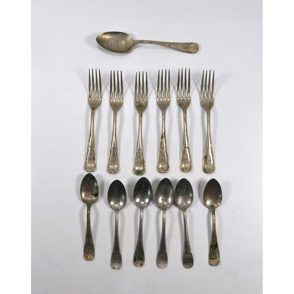 Vintage Brazil Silver 6‎ Forks - 6 Spoons & 1 Serving Spoon Monogram 